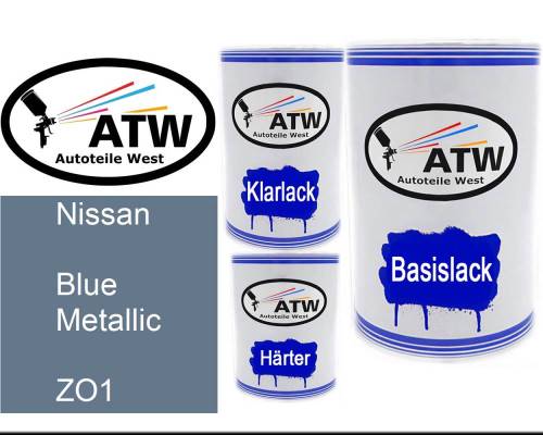 Nissan, Blue Metallic, ZO1: 500ml Lackdose + 500ml Klarlack + 250ml Härter - Set, von ATW Autoteile West.